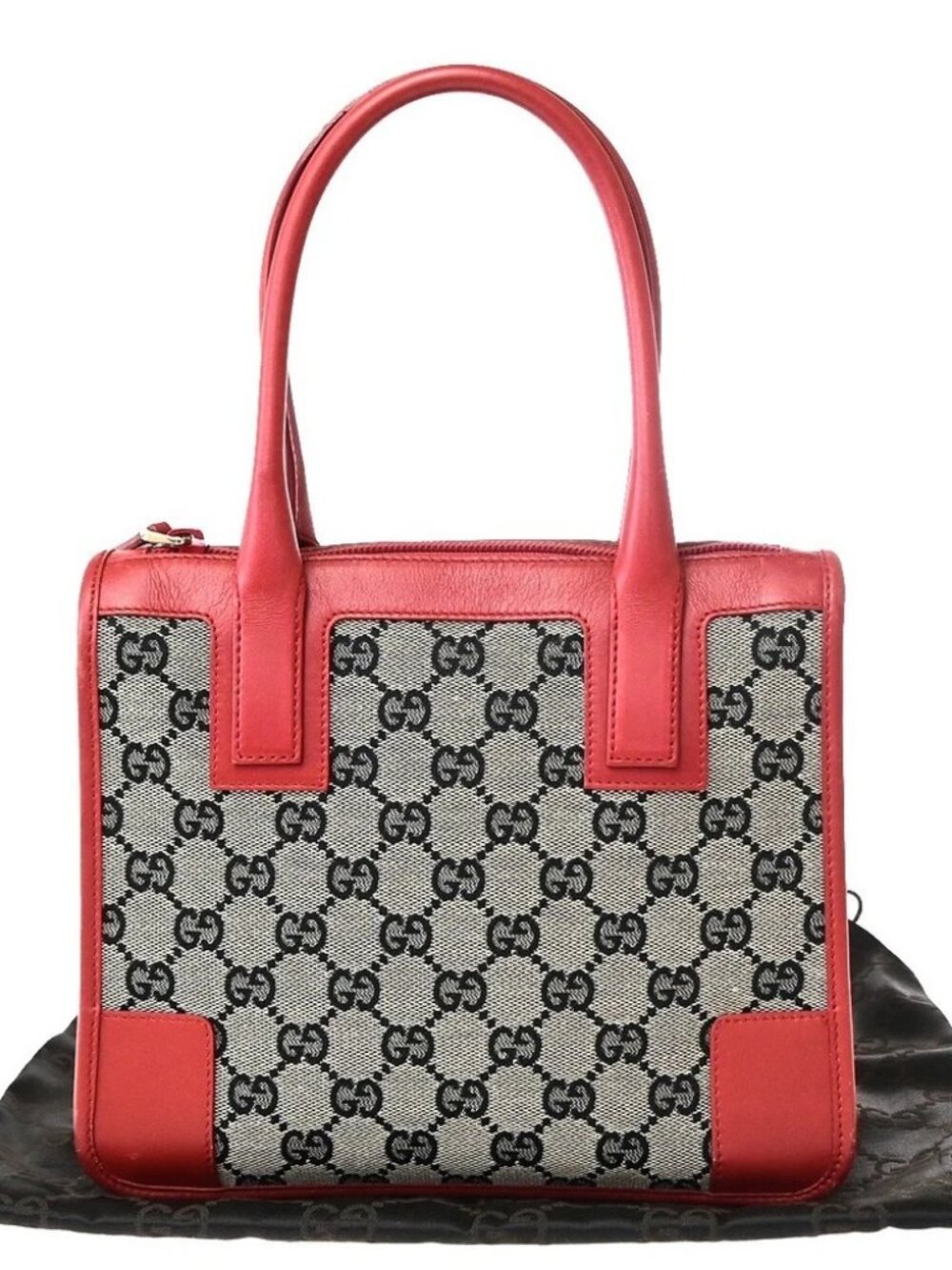 GUCCI Logo GG Pattern Hand Bag Canvas Leather Red Black GHW Italy 70KD119